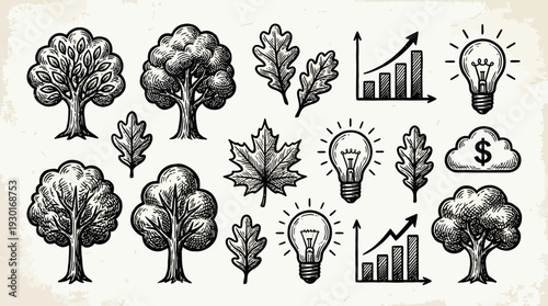 Hand drawn vintage engraved icons featuring trees leaves light bulbs and growth charts on rustic background, concept for sustainable business strategy, eco innovation and financial growth marketing