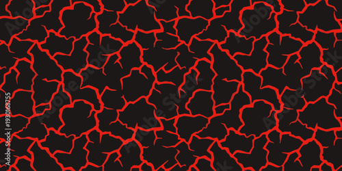 Fractured surface with red glowing cracks on black background, illustrating a dramatic and intense scene from a close-up viewpoint