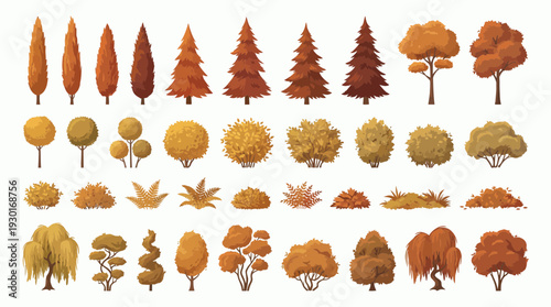 Set of various autumn trees and shrubs icons in brown and orange colors isolated on white background, concept for landscape architecture, seasonal nature design and garden planning