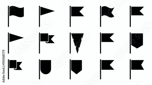 Minimalist collection of various black flag silhouettes and pennant icons isolated on white background, concept for navigation interface, location marking and achievement tracking