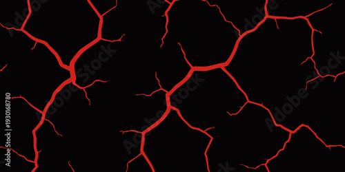 Cracked surface pattern with vibrant red lines on a dark background viewed from directly above