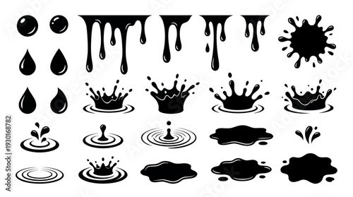 Set of black liquid splashes, water drops, oil drips and ripple wave icons isolated on white background, concept for graphic design, logo element and liquid substance branding presentation
