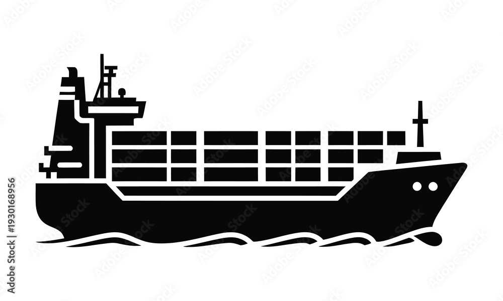 Obraz premium Black silhouette of a cargo ship on wavy water on a white background