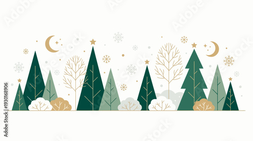 Minimalist winter forest illustration with green pine trees gold snowflakes and crescent moons on white background, concept for seasonal greeting cards festive background and holiday branding