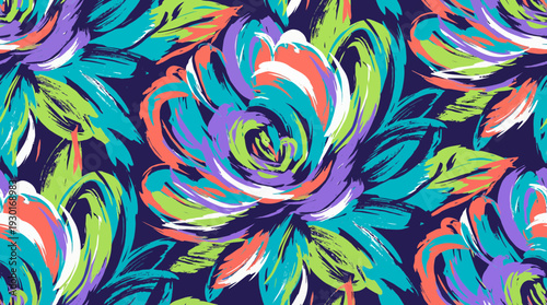 Abstract seamless floral pattern with vibrant expressive brush strokes and colorful blooming flowers on dark background, concept for textile design, artistic wallpaper and modern fashion printing
