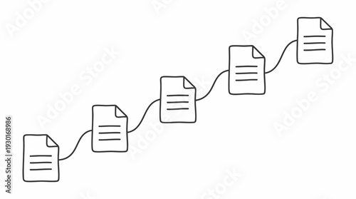 Minimalist hand drawn doodle of paper document files connected by line in ascending sequence on white background, concept for workflow management, document processing and business growth strategy