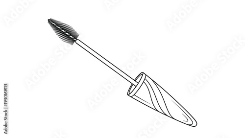 Black and white illustration of a mascara wand with a textured brush head for eye makeup, beauty, and cosmetic product concept design.