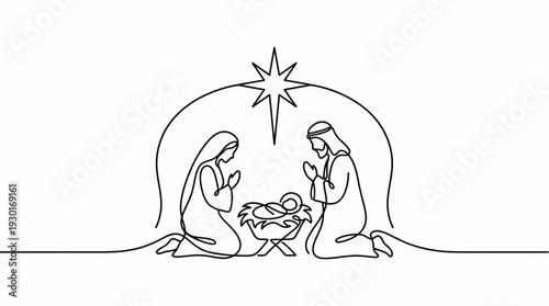 One line drawing of Mary and Joseph praying over baby Jesus in a manger with the Bethlehem star, concept for Christmas greeting cards, religious graphic design and church poster banner