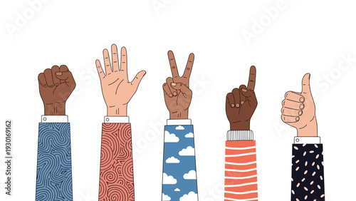 Hands with diverse skin tones and colorful patterned sleeves making various gestures like fist and thumbs up for community and unity.