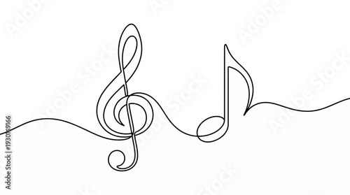 Minimalist continuous line drawing of a musical treble clef and eighth note symbol on white background, concept for acoustic concert promotion, studio logo design and artistic sound therapy