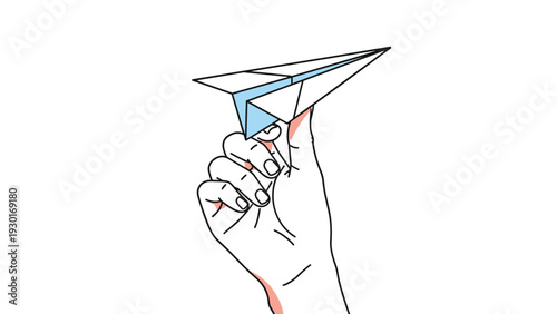 Hand holding a small blue and white paper airplane ready to throw for travel, startup, launch, and future goal concept illustration.