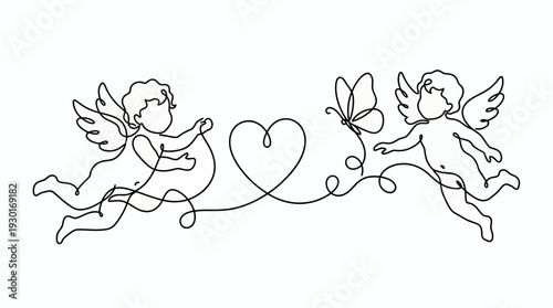 Continuous one line drawing of two cute flying cherubs with angel wings butterfly and heart symbol in minimalist style, concept for valentines greeting, wedding invitation and romance art