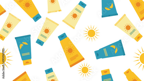 Seamless pattern with various sunscreen tubes and sun icons on a white background representing summer protection and skin care.