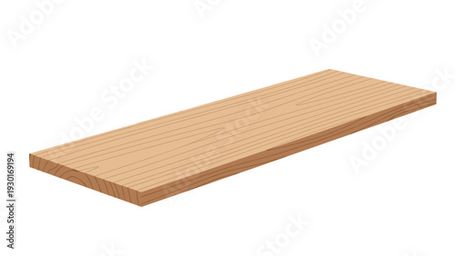 Single light brown wooden plank shown in perspective isolated on a white background illustrating wood grain texture and carpentry.