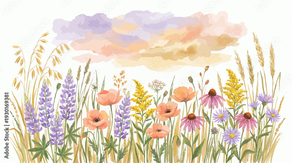 Fototapeta premium Watercolor illustration of colorful wildflowers and wheat stalks under pastel clouds on a white background, concept for greeting card design, summer botanical illustration and nature background