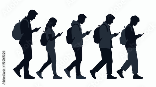 Silhouette of professional office workers and marketing managers walking while using smartphones with backpacks on white background, concept for mobile technology, digital nomadism and remote work