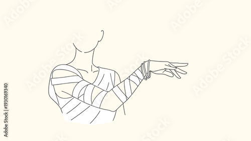 Minimalist line drawing of a person from the chest up with a wrapped arm and bracelets reaching out on a light beige background.