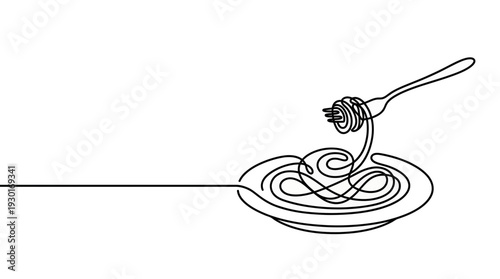 Minimalist continuous line drawing of spaghetti pasta on a plate with a fork twirling noodles, concept for restaurant menu design, Italian cuisine branding and food blog illustration