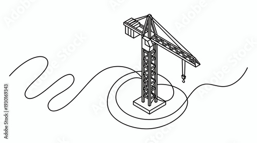 Isometric continuous one line drawing of a heavy tower crane for construction building industry on white background, concept for architecture planning, civil engineering and industrial growth