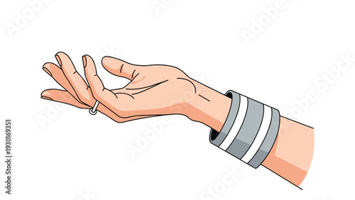 Illustration of a human hand with palm facing upwards wearing stacked bracelets and a ring isolated on a white background.