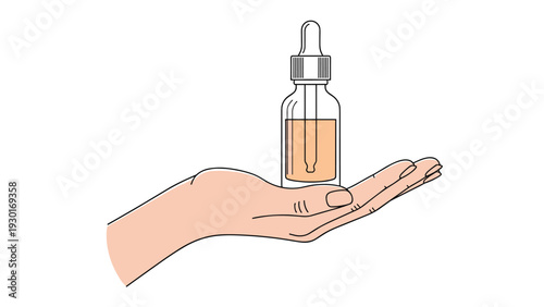 Illustration of a hand holding a small dropper bottle filled with peach-colored liquid isolated on a plain white background.