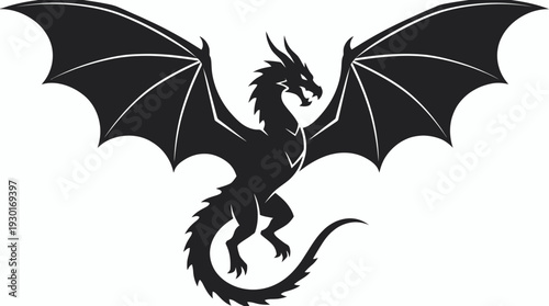 Powerful black silhouette of a flying dragon with expansive wings and sharp spiked tail isolated on white background, concept for athletic team mascot logo, gaming branding and fantasy art