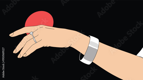 Hand adorned with a diamond ring and a wide silver bracelet reaches towards a red circular shape against a black background.