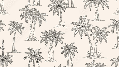 Hand drawn palm trees in a seamless pattern design offer a tropical aesthetic for summer themed backgrounds and wrapping paper.
