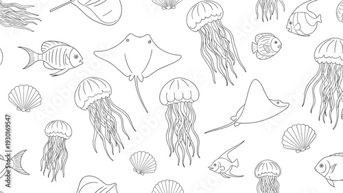 Undersea pattern with jellyfish stingrays fish and seashells in detailed line art creates a relaxing marine life background design.