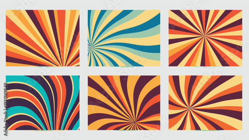 Collection of six retro sunburst and spiral background patterns in vintage colors offers various options for psychedelic design.