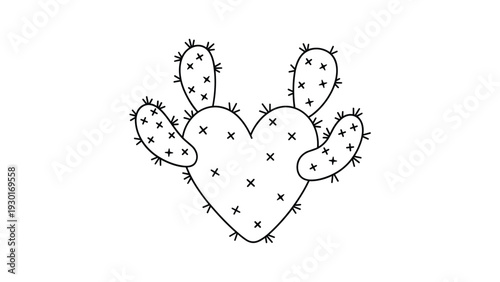 Simple line drawing of a prickly pear cactus shaped like a heart with small spikes creates a cute and romantic desert illustration.