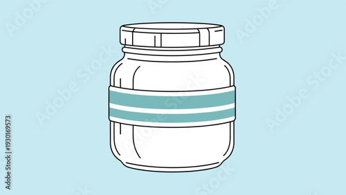 Simple white jar with a teal blue stripe label stands on a light blue background representing packaging for creams or condiments.