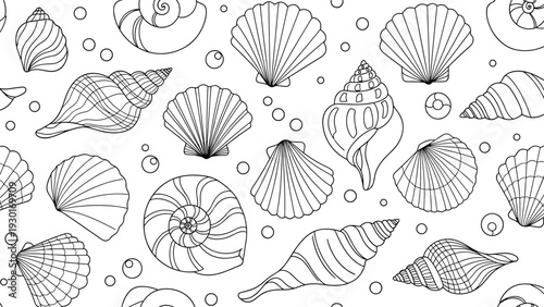Seamless pattern of various seashells and round bubbles in detailed line art offers a classic marine life theme for backgrounds.