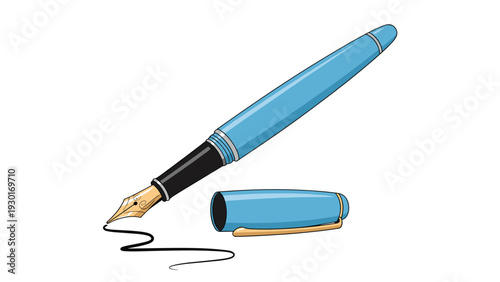 Elegant blue fountain pen with a gold nib and separate cap sits next to a small ink squiggle on a clean white background.