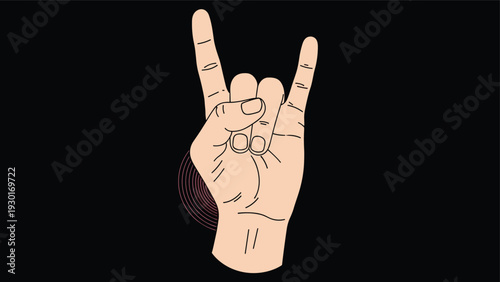 Hand making the rock on or horns gesture against a black background with subtle circular lines represents music and energy.