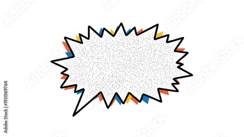 Retro comic style speech bubble with jagged edges and textured pattern featuring blue and orange shadows on a white background.