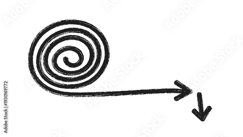 Hand drawn charcoal style spiral line evolving into directional arrows pointing right and down on a clean white background.