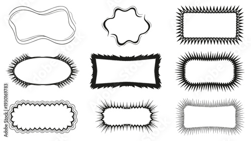 Set of nine varied decorative border frames with jagged and wavy hand drawn edges in black and white for creative design projects.