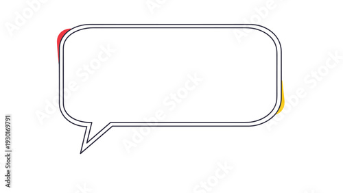 Minimalist rounded rectangular speech bubble illustration with red and yellow accent shapes on a plain white background for dialogue.