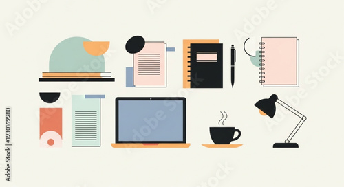 Office supplies and workspace essentials arranged on a light background.