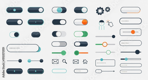 Collection of various user interface elements and design components for digital applications.