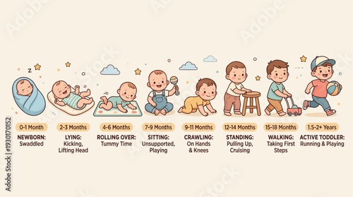 Baby Growth Stages Illustration from Newborn to Toddler Development Milestones Vector Set