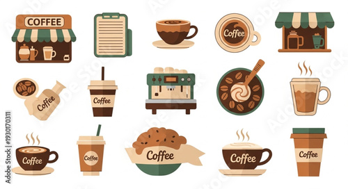 Collection of coffee shop icons and elements for cafe design and branding.