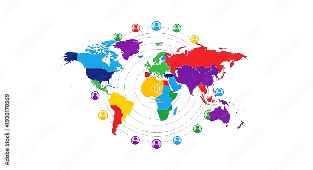 Fototapeta premium Global map illustration with colorful continents and markers indicating various locations around the world