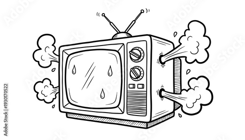 Hand drawn cartoon illustration of a retro vintage television overheating with steam and smoke coming out.