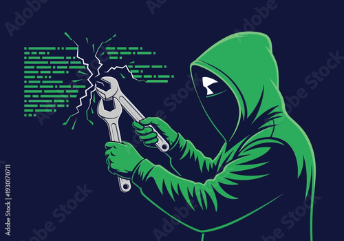 Hacker in green hoodie using wrenches to break digital code line