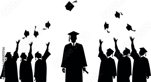 Graduation celebration silhouette students and graduate throwing caps in air