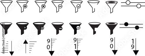 vector illustration of a set of Simple funnel filter outline icons for data management interface .representing filtering and data processing concepts. for websites, applications and ui design