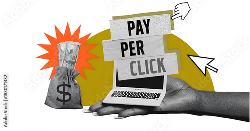 Pay Per Click Advertising Concept With Laptop Hand, Cursor and Money Bag for Digital Marketing Campaigns