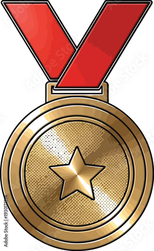 Golden award medal featuring a prominent five pointed star centerpiece hanging from a bright red ribbon